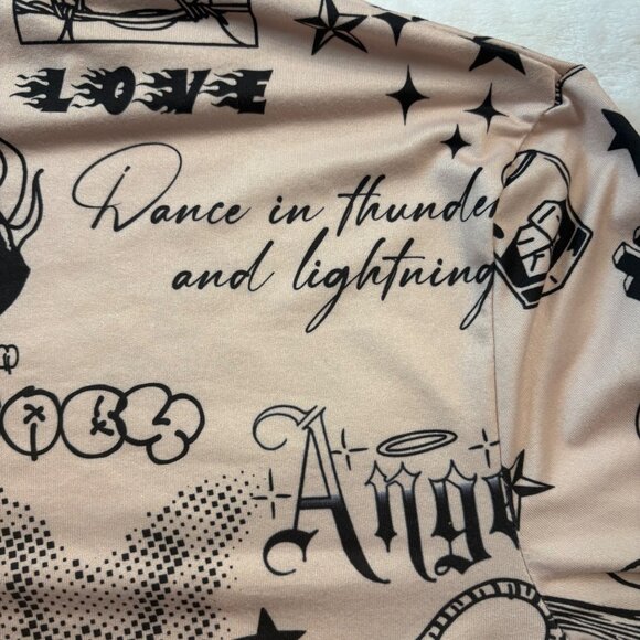 Shein Long Sleeve Tattoo Print Crop Top With Mock Neck Beige & Black Womans M - Picture 10 of 16